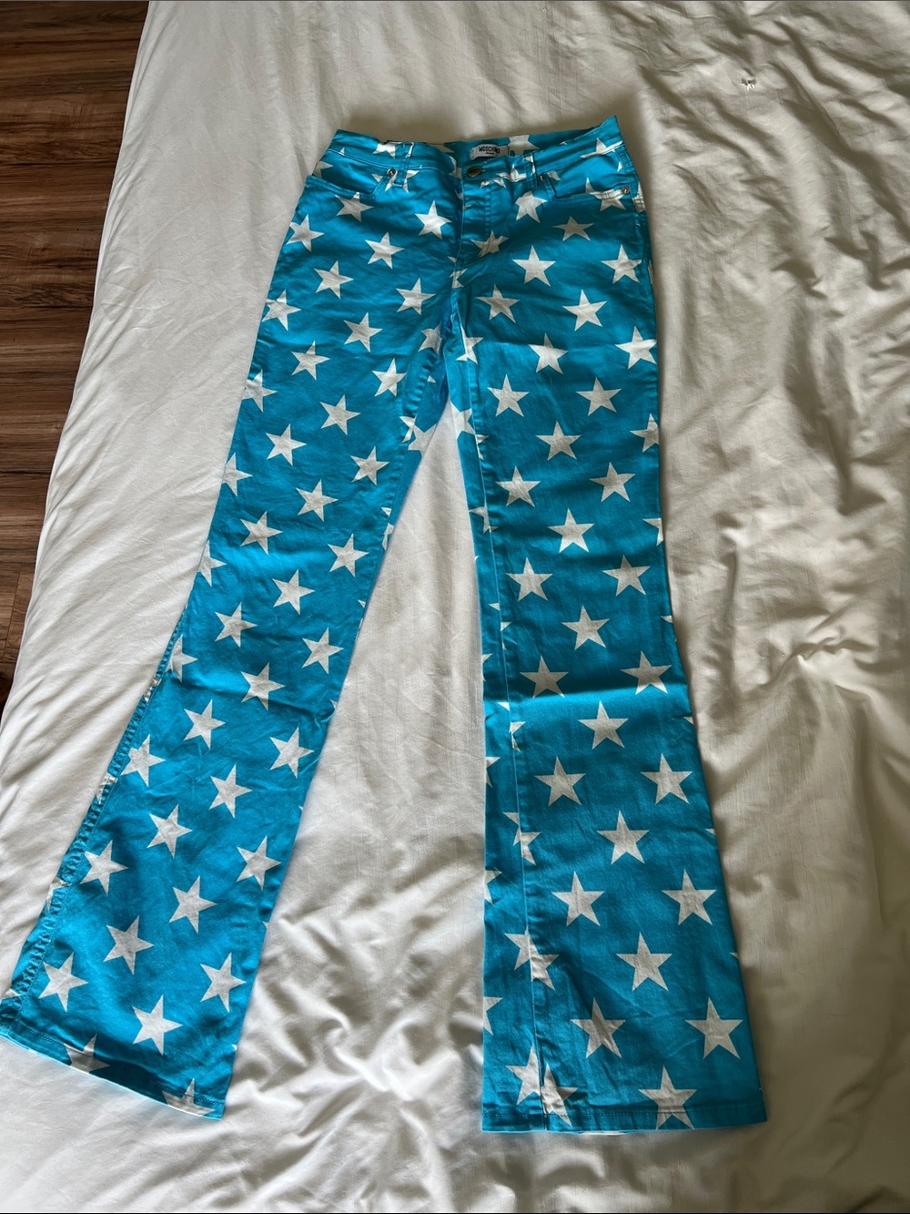 Moschino Turquoise Star-Print Flare Cut Low Rise Pants
